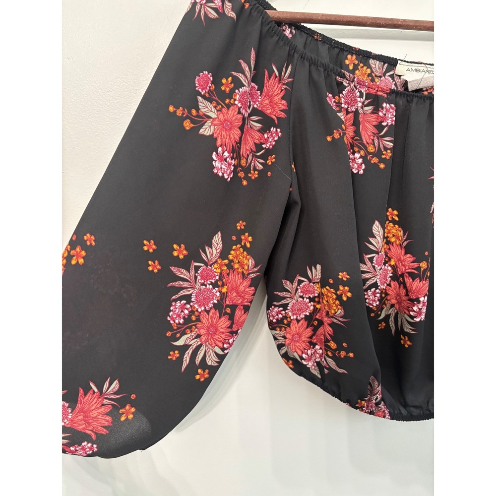 Ambiance Womens Top S Black Floral Off Shoulder Cropped‎ Blouse - Picture 4 of 4